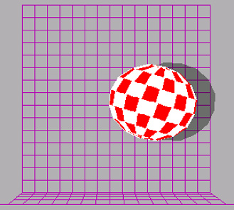 Shows the checkered ball in mid-bounce in front of a grid