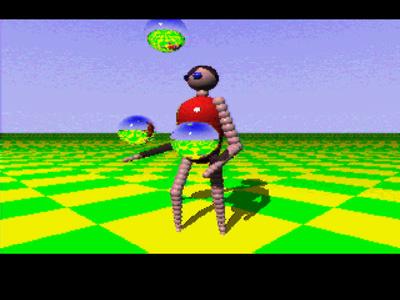 A screenshot of Juggler demo, a ray-traced animation of a humanoid figure composed of shiny, colored spheres, juggling balls