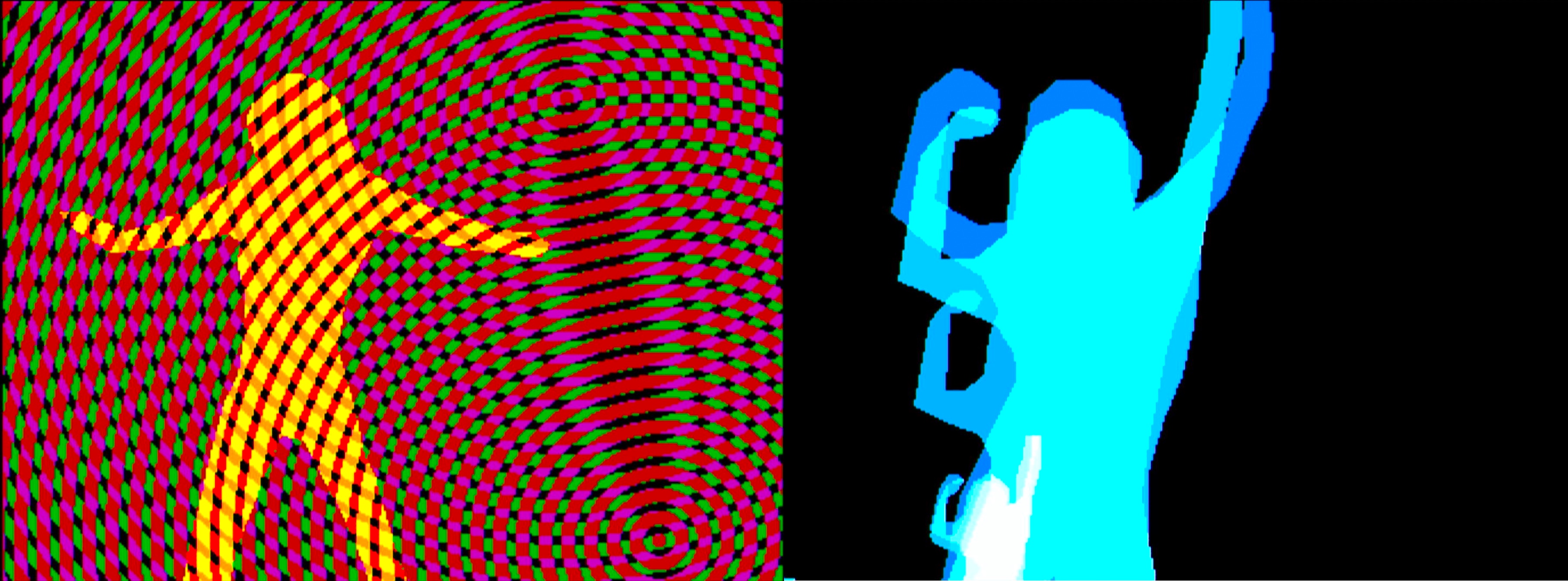 Two screenshots from the demo State of the Art by Spaceballs. 
                Both images show a silhoutted dancing figure on a multi-colored background.