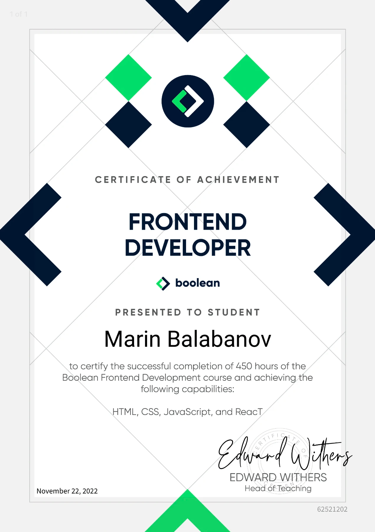 The final diploma for the successful completion of the Boolean frontend development course