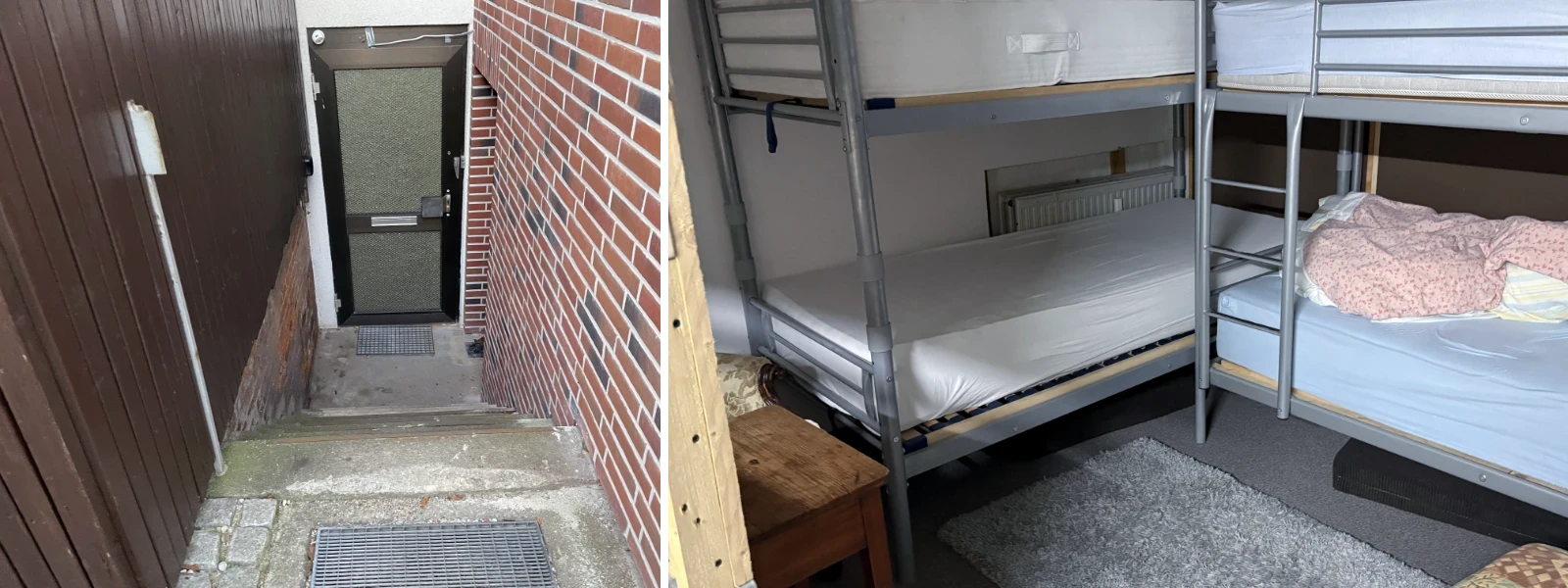 The basement entrance of the AirBnB and two bunk beds inside