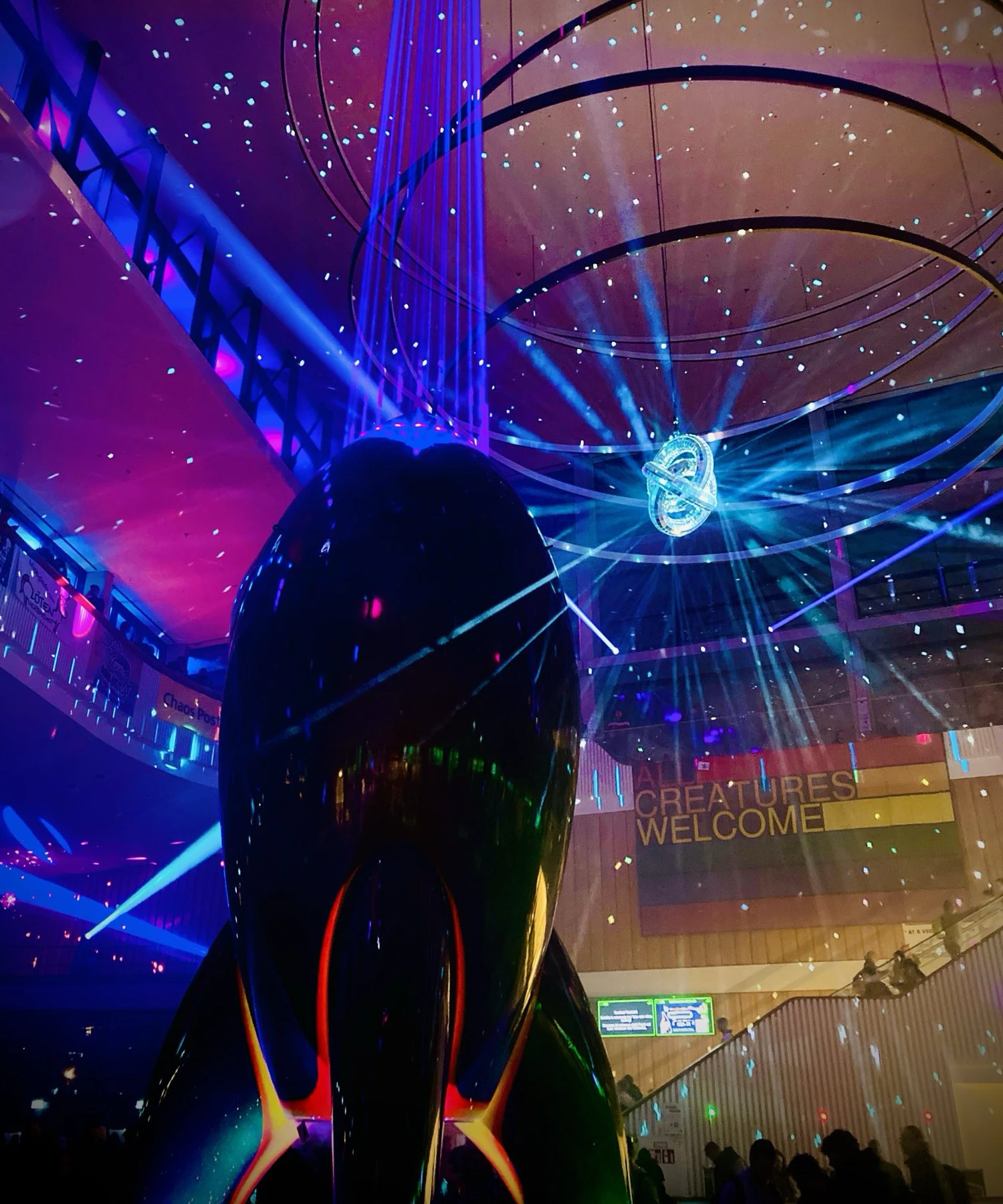 The pexiglas in the entrance hall illuminated at night