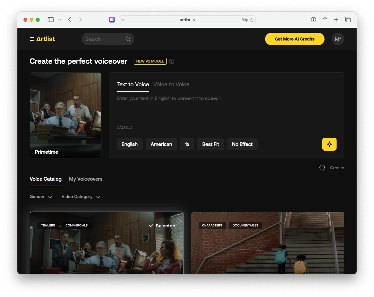Shows the Artlist.io interface with the text-to-speech voice-over generation options.