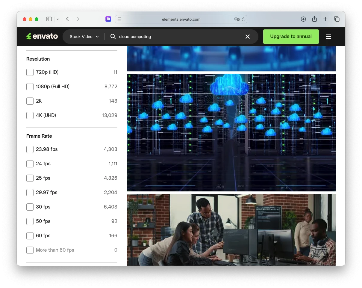 Shows the Envato interface with stock footage options.