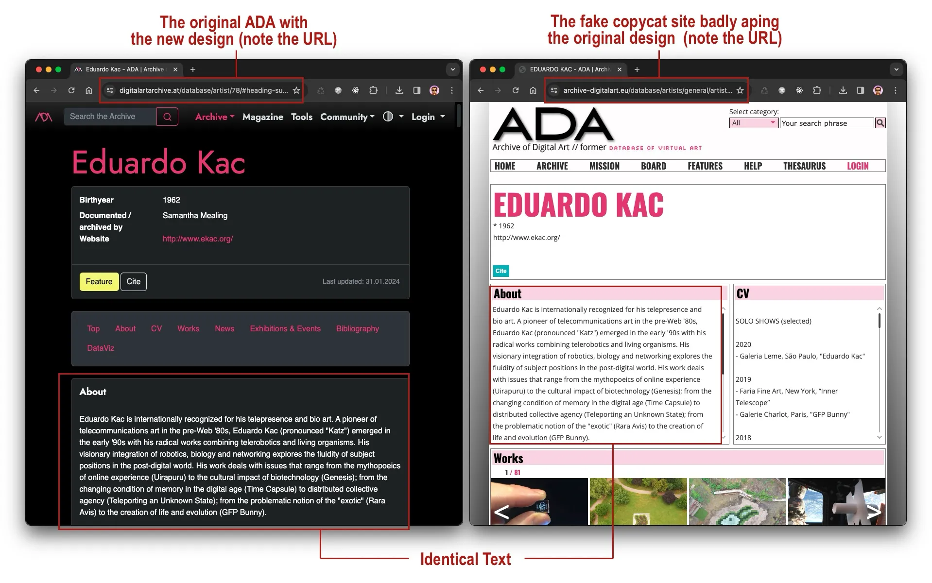 A comparison between the relaunched ADA site and the copycat site