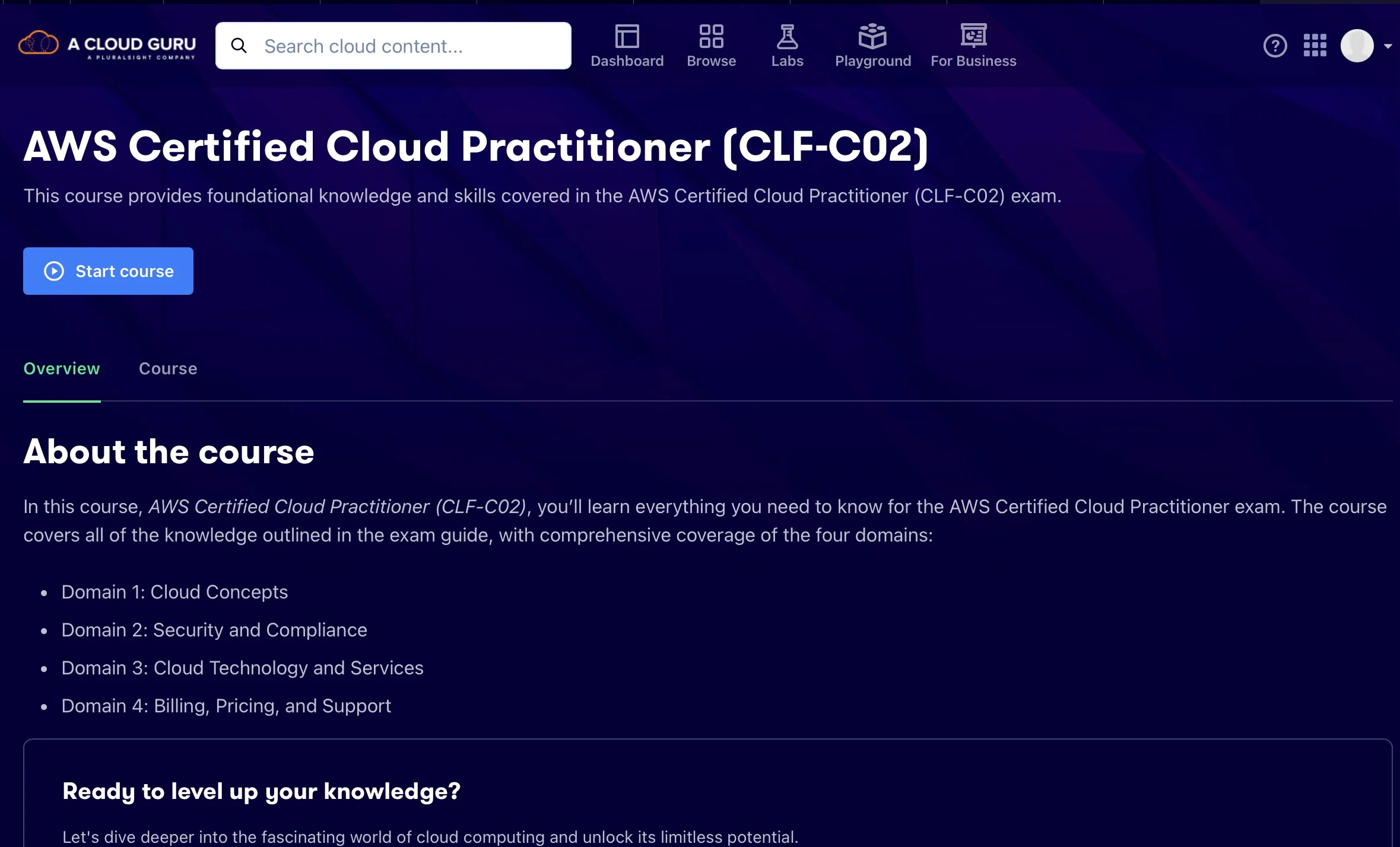 Screenshot of A Cloud Guru with the AWS Cloud Practitioner course