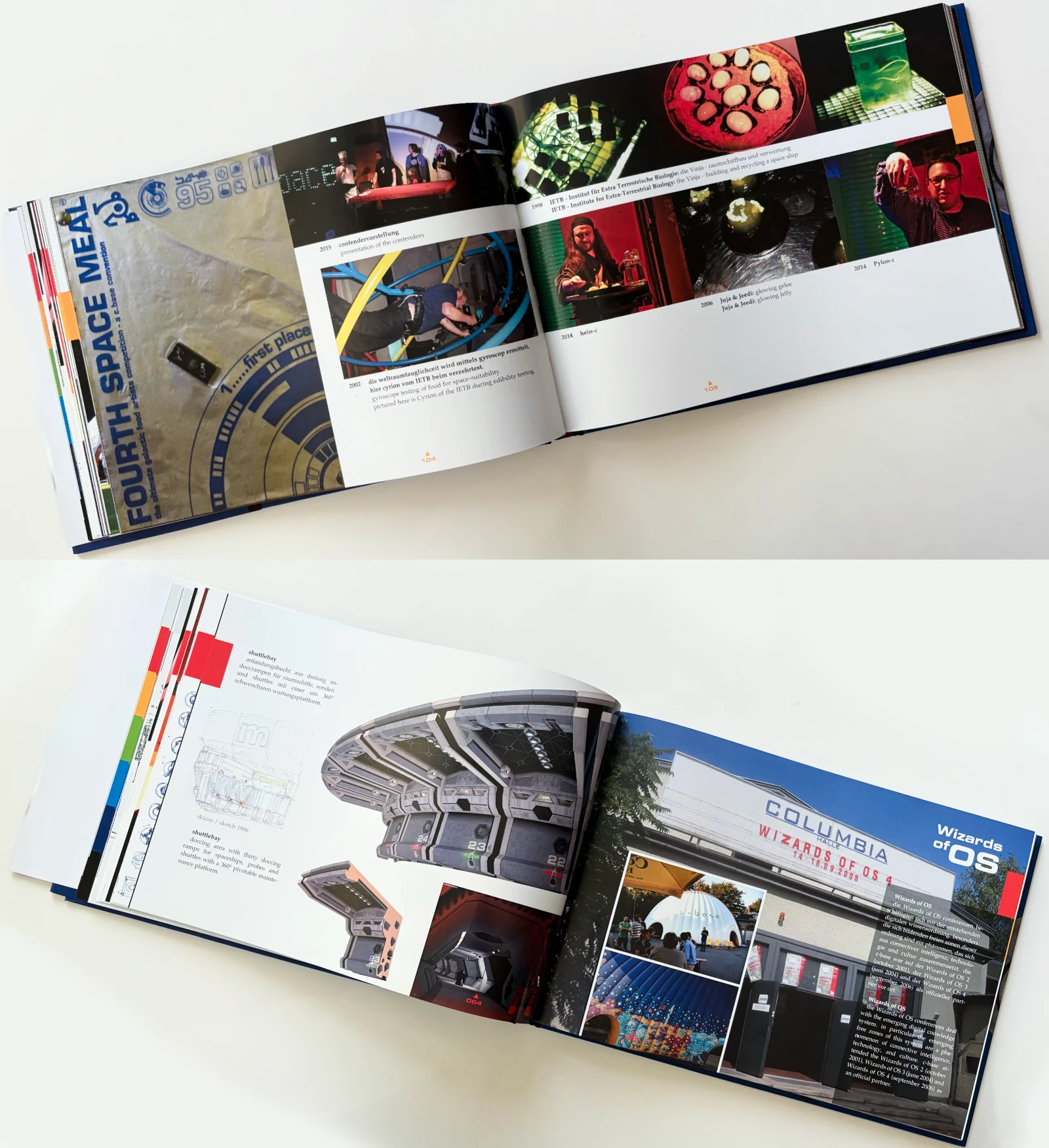 Two shots of interior pages of the book 'C-Booc: 20 Years C-Base', showing photos and stories about the history of C-Base.