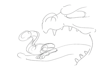 Step 1: Rough sketch of two dragons, one perched on the tongue of the other, on the iPad Pro.