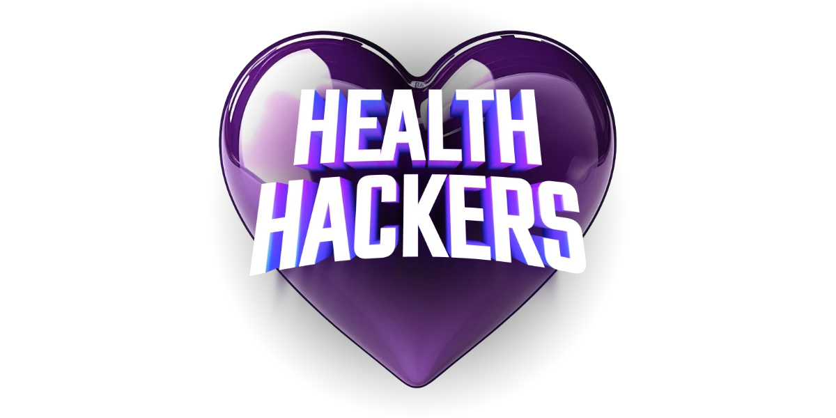 A purple heart with the words Health Hackers
