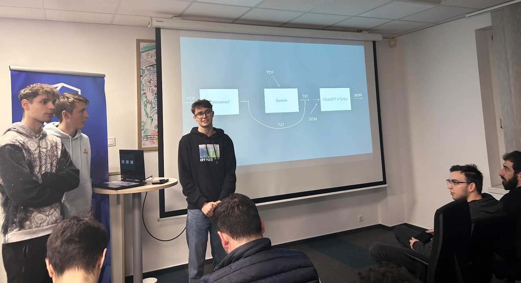 One of the teams holding their presentation in front of a screen.