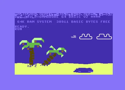 Beach Fader PETSCII graphic showing a beach scene with palm trees