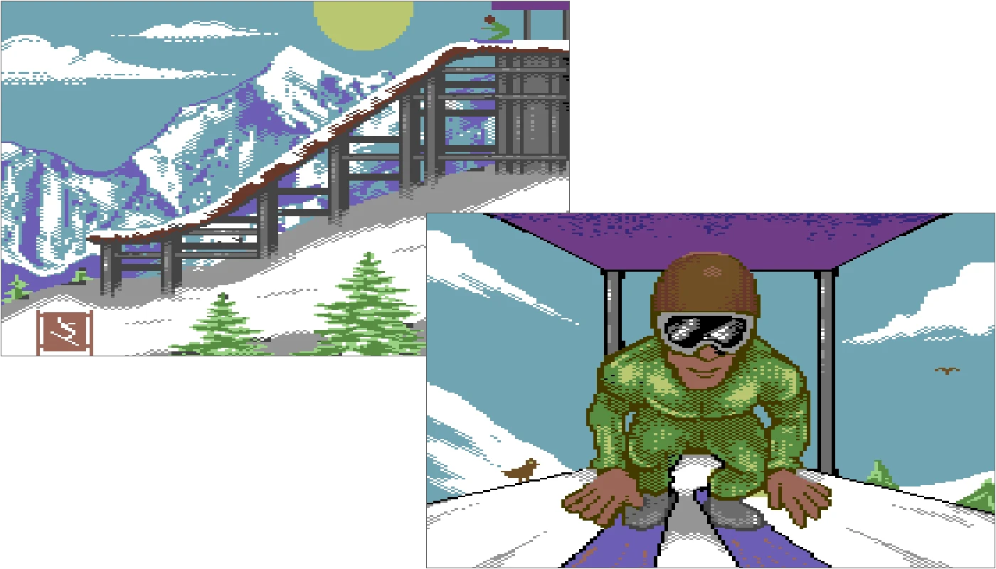 Pixel art of a ski jumper on a Commodore 64 screen