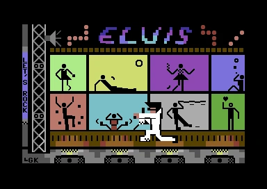 A PETSCII graphic of Elvis performing on stage