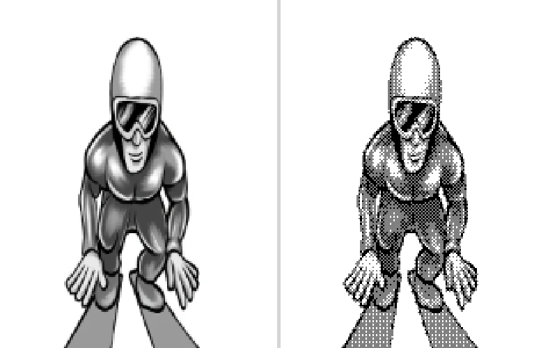 In the fourth step, I squashed the image and reduced its size to 160 x 200 pixels and then dithered it using ImageMagick