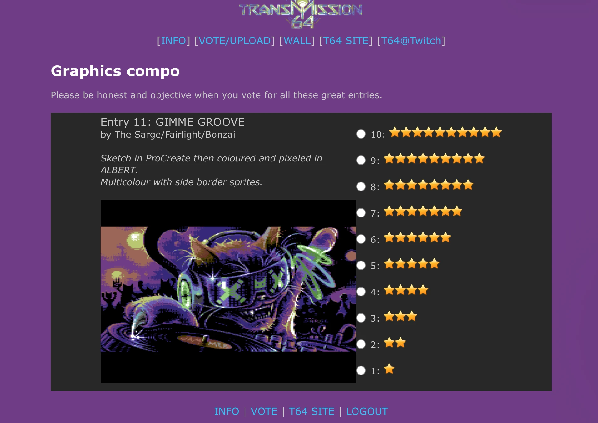 The XParty voting interface used during Transmission64