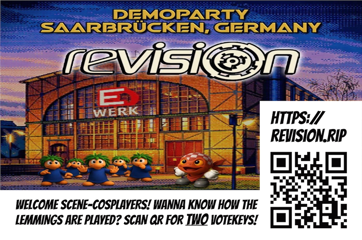 Scamp's billboard that calls the sceners at Revision cosplayers