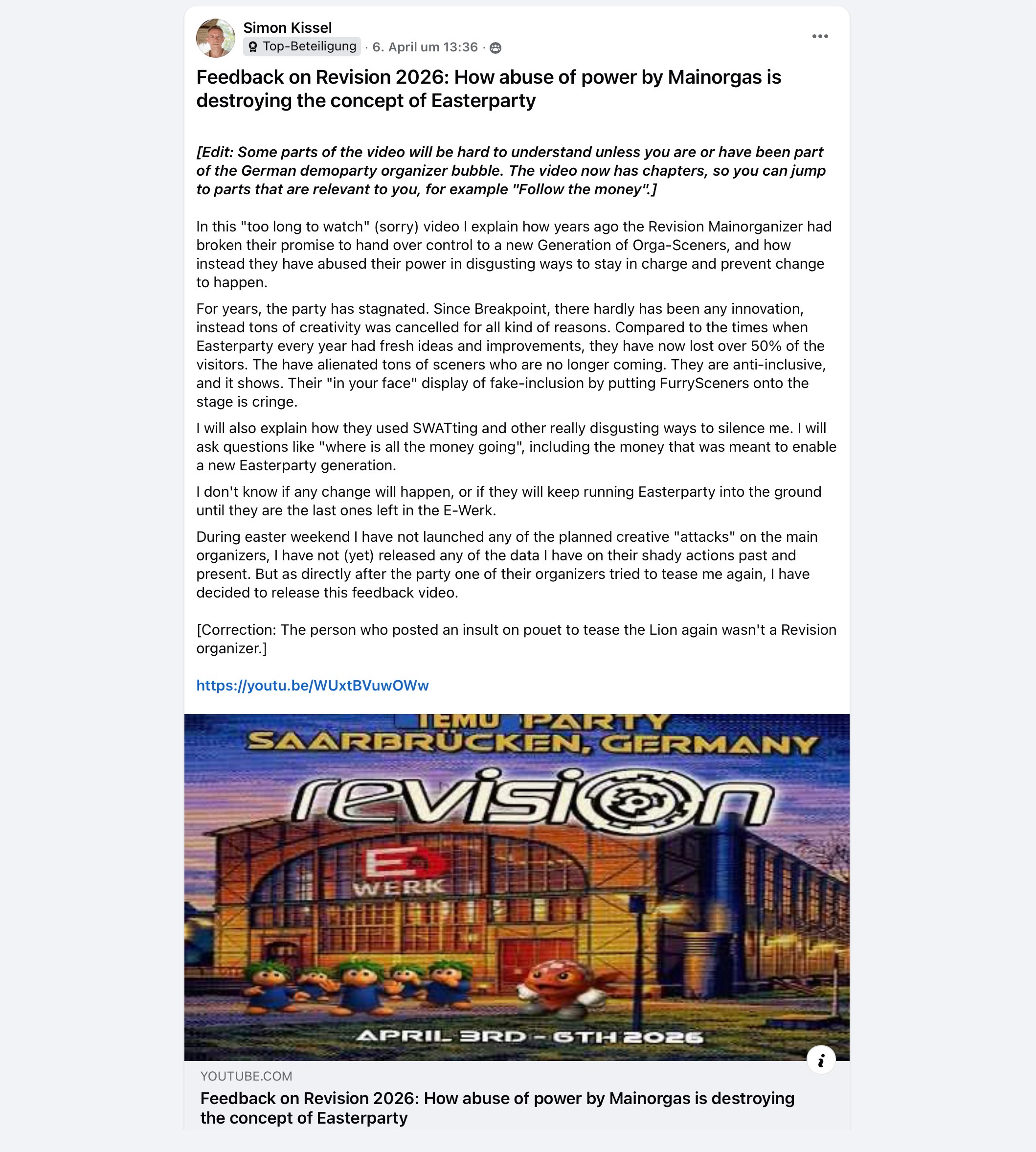 Scamp's long rant on Facebook