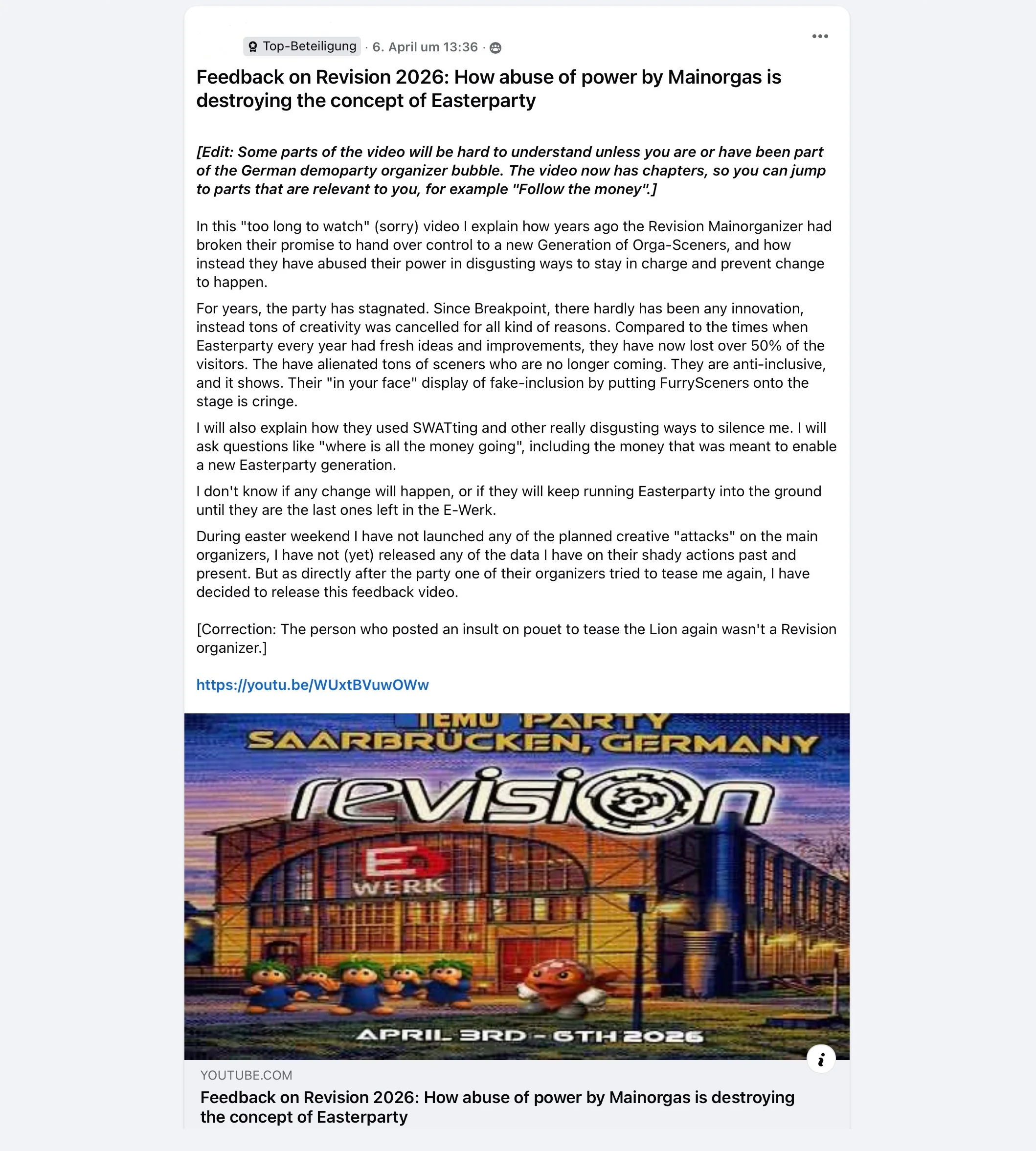 Scamp's long rant on Facebook