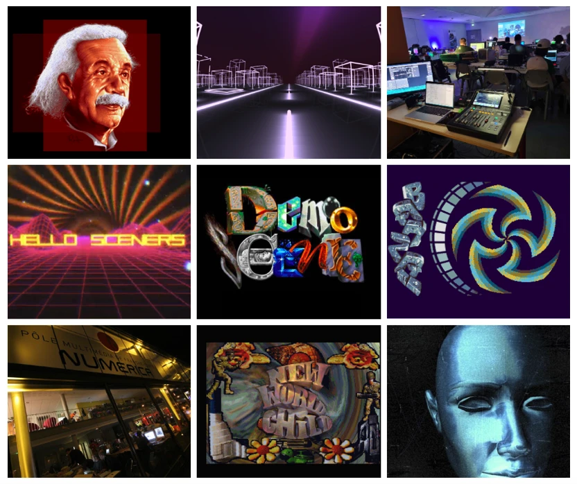 A tiled collage of different demoscene artworks showing a variety of styles and techniques.