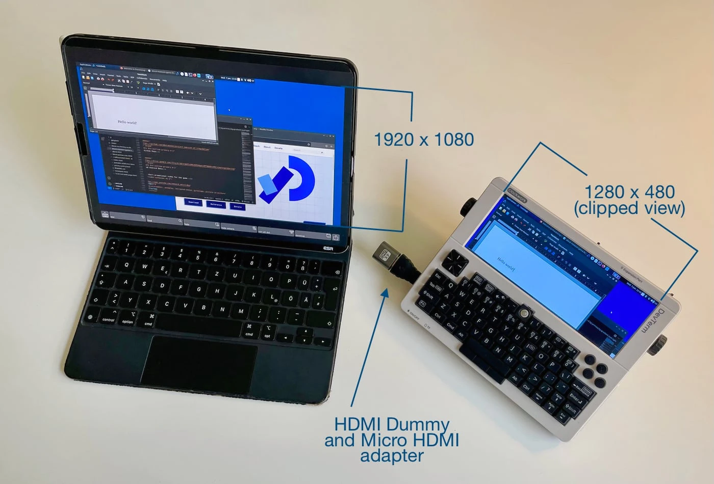 iPad Pro connected to DevTerm with the resolution automatically increased due to the connected HDMI dummy
