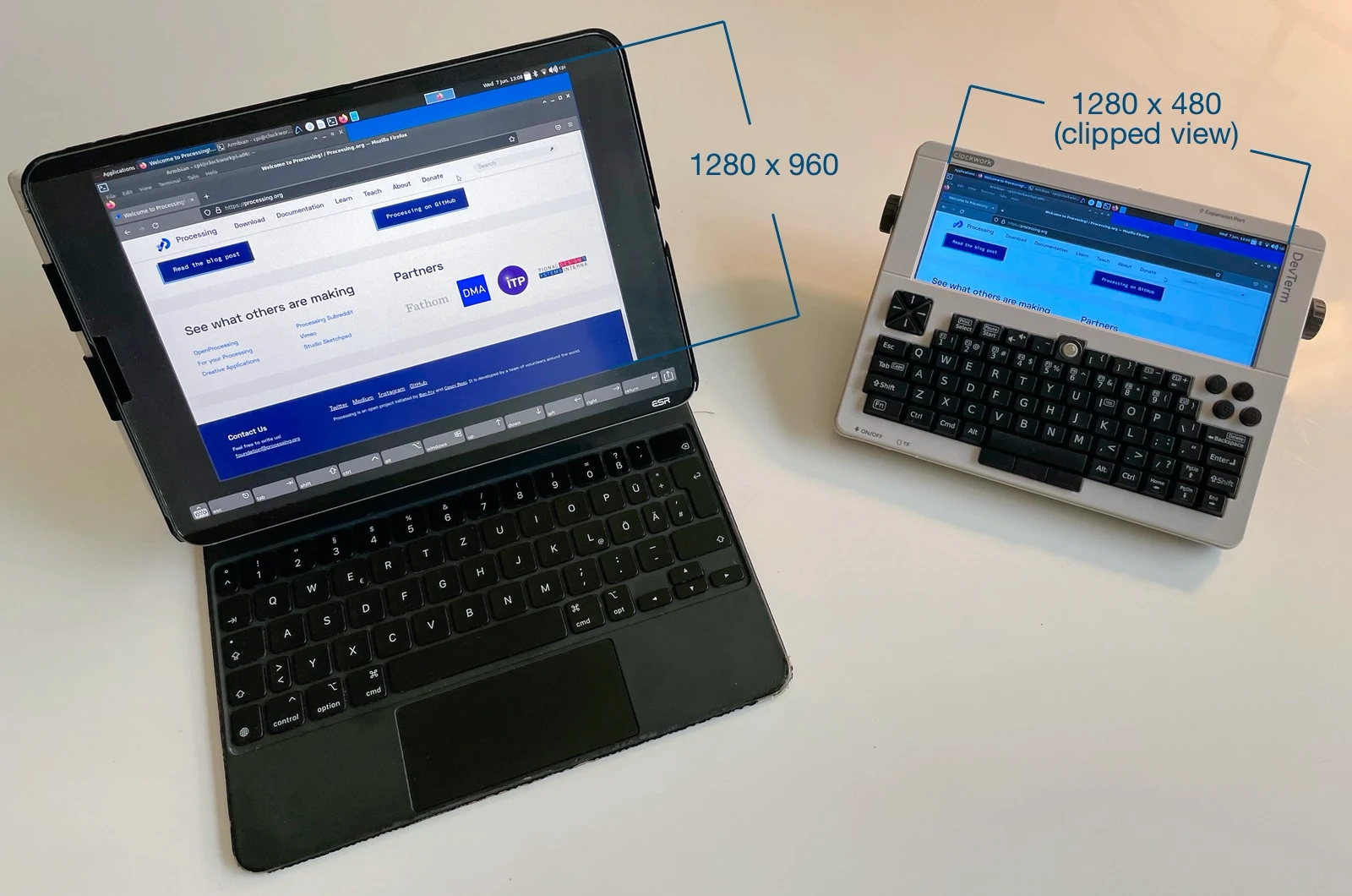 iPad Pro connected to DevTerm with an increased vertical resolution