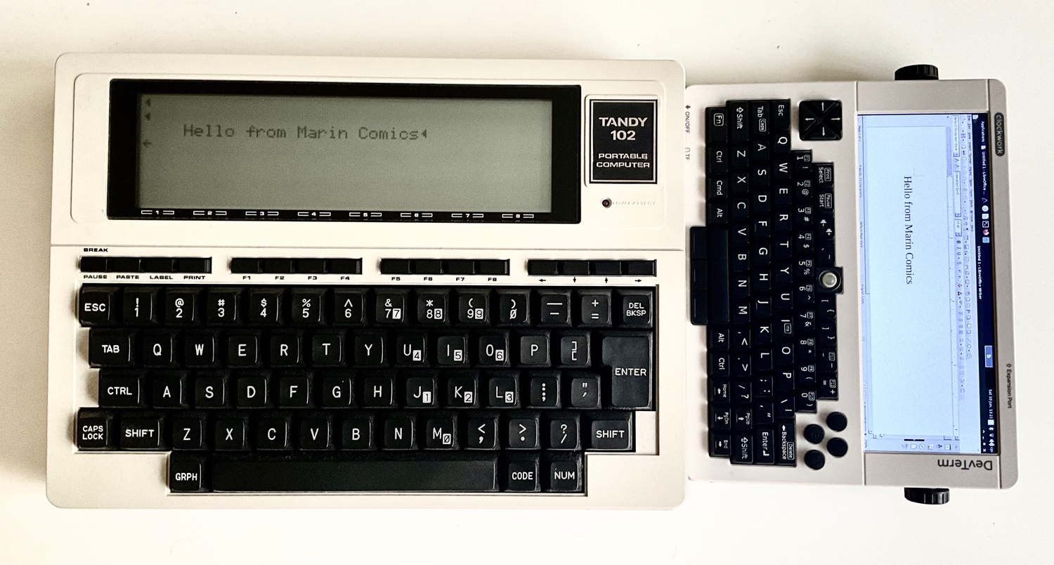 This photo shows the Tandy TRS-80 Model 102 next to the ClockworkPi Devterm