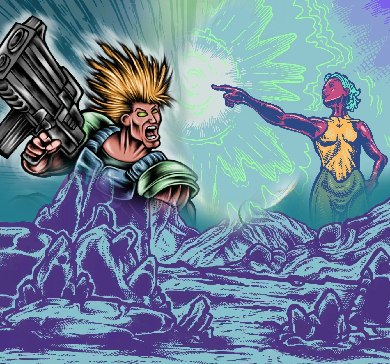 An amalgamation of three of my drawings featured in this article, the male figure from the Extreme Jumpers the female figure from drawing with the neon colored touch, and the landscape from planetary rockscape.