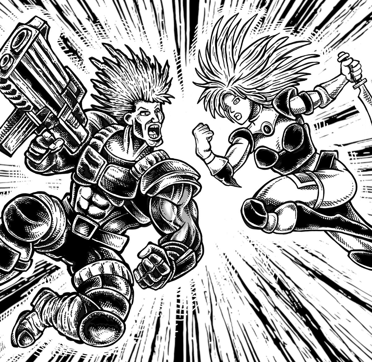 Black and white ink drawing of two fighter with exagerated physiques jumping at each other fully armed.