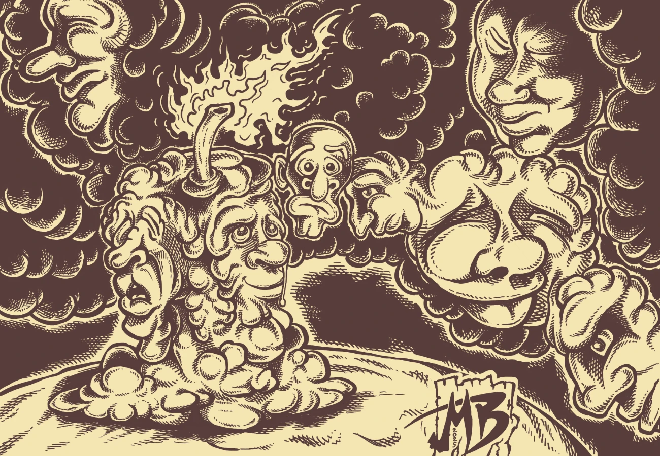 A surreal drawing of a face melting into a candle and into smoke