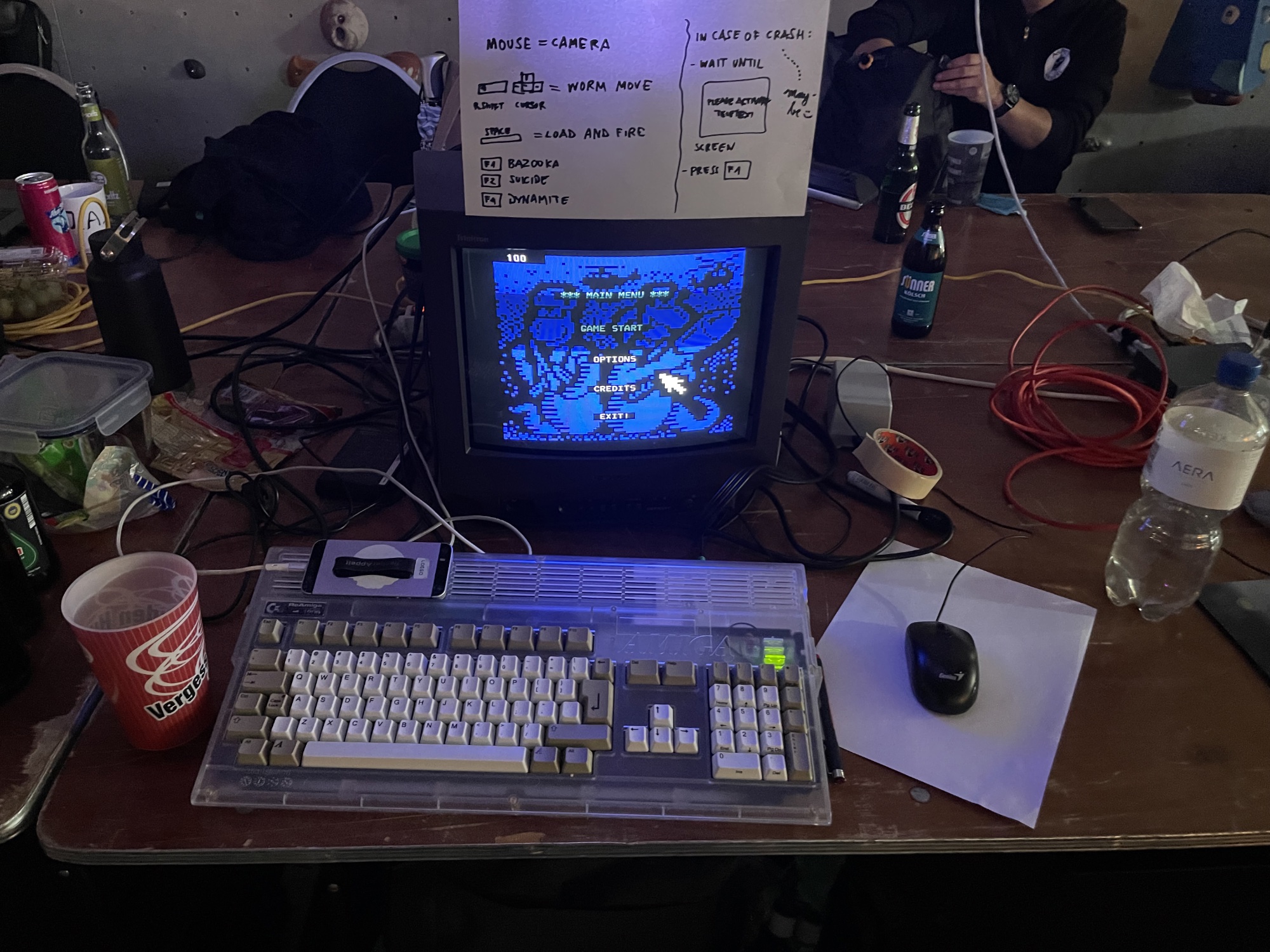 An Amiga 1200 running the Teletext feed of the Worms game