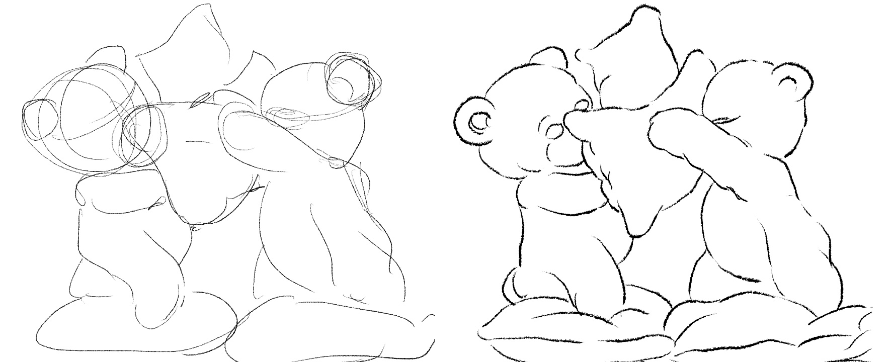 Initial sketches of teddy bear pillow fight
