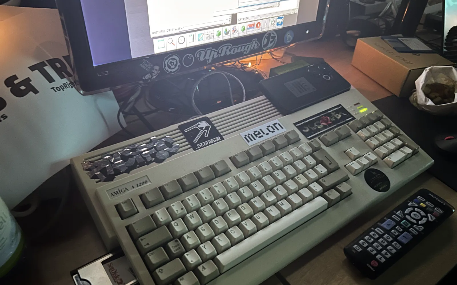 A shot of a Commodore Amiga 1200 computer setup at the demoparty.