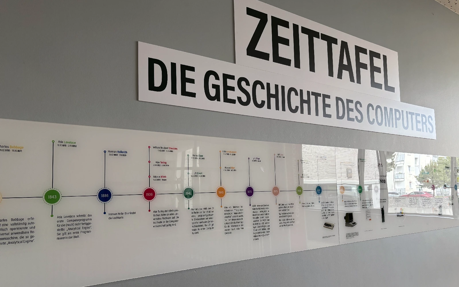 A timeline of computer history painted along the school wall.