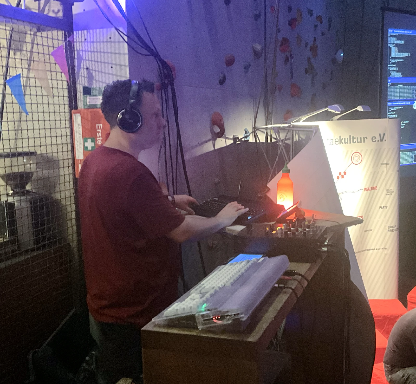 A DJ playing music from two Commodore Amigas during the Copper Showdown.
