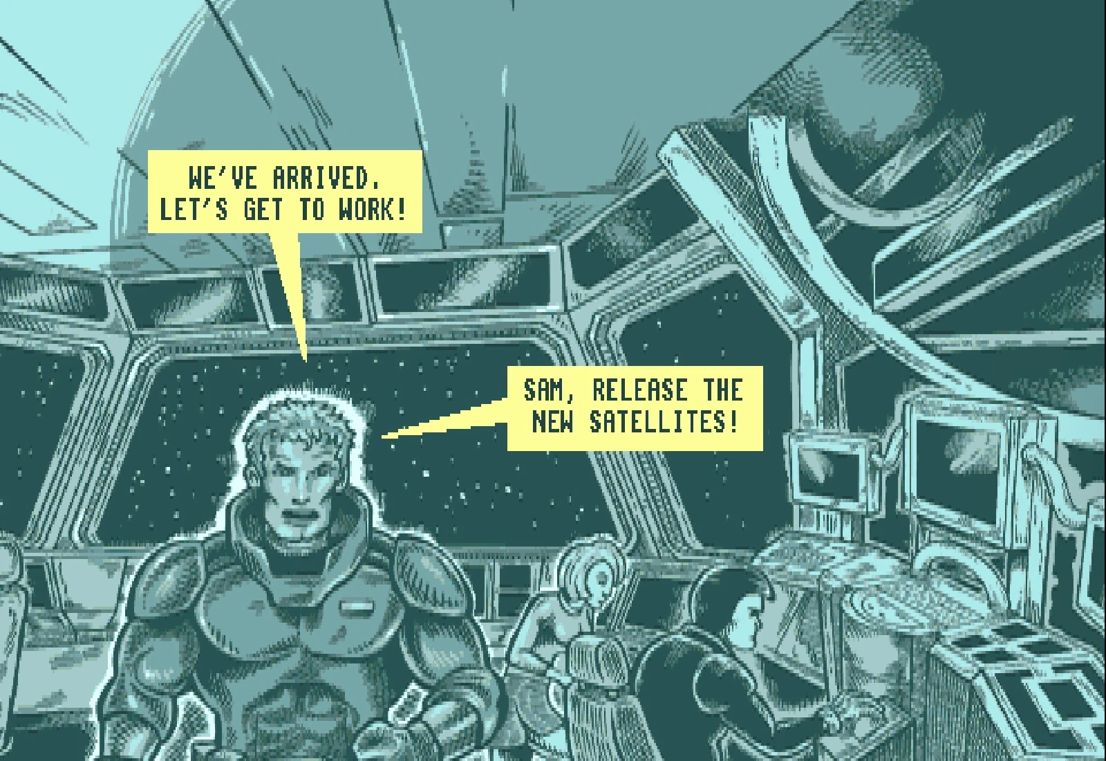 Panel 2, in teal: the captain sits on the bridge with two crew at their consoles, saying 'We've arrived. Let's get to work!' and 'Sam, release the new satellites!'
