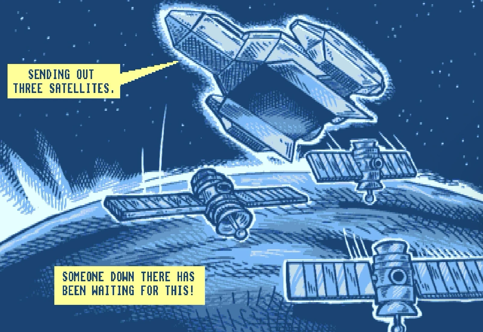 Panel 3, in blue: the ship seeds three satellites into orbit above the planet. Balloons read 'Sending out three satellites.' and 'Someone down there has been waiting for this!'