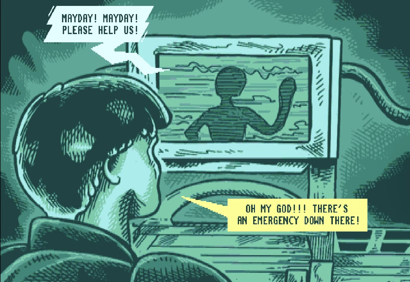 Panel 5, in green: Sam watches a monitor showing a scan-lined silhouette. A jagged transmission balloon reads 'Mayday! Mayday! Please help us!' and Sam answers 'Oh my God!!! There's an emergency down there!'