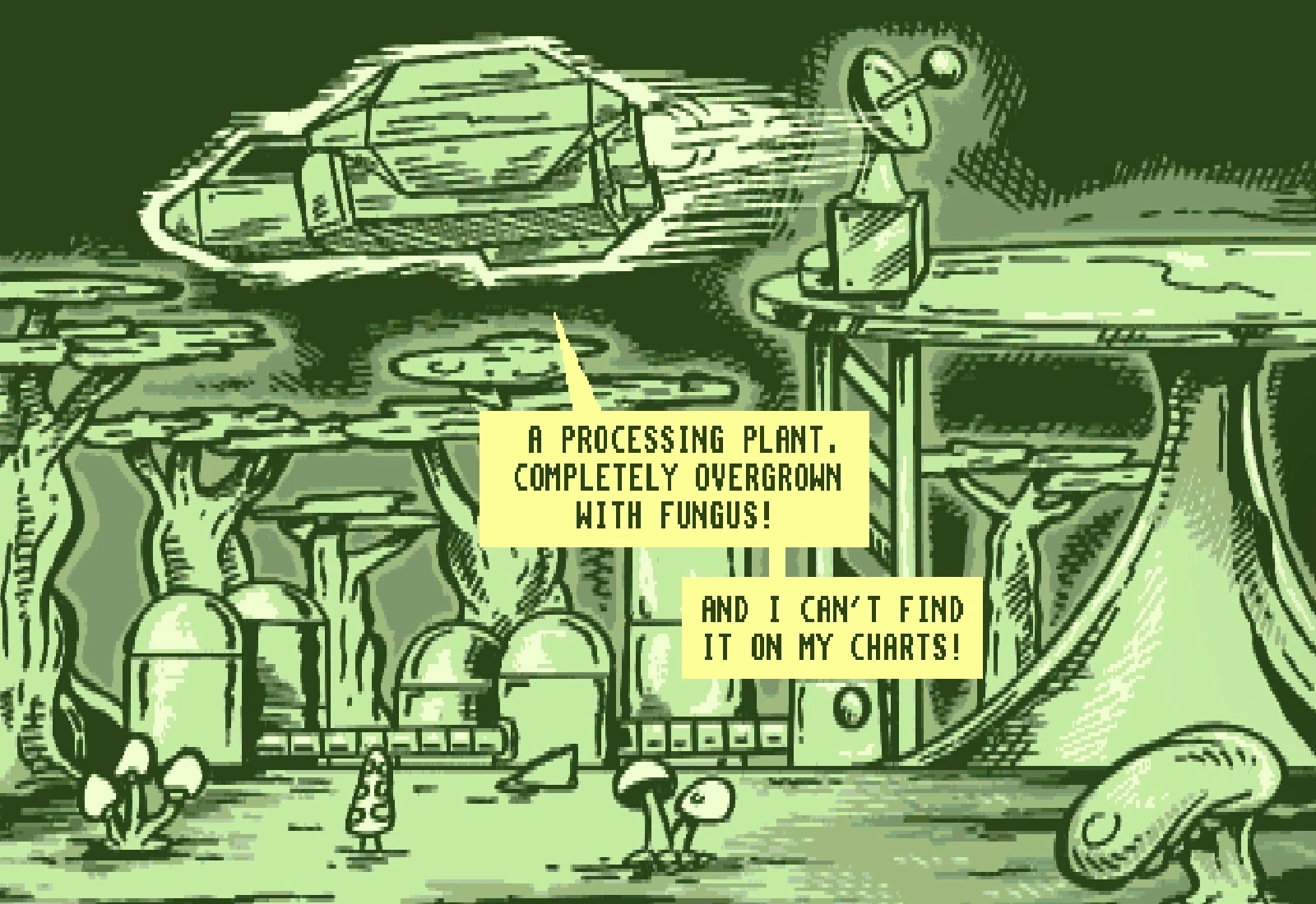 Panel 8, in green: the ship flies over a processing plant overgrown with giant fungus. 'A processing plant. Completely overgrown with fungus!' 'And I can't find it on my charts!'