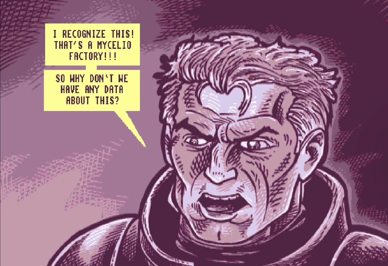 Panel 9, in purple: a close-up of the furious captain shouting 'I recognize this! That's a Mycelio factory!!!' and 'So why don't we have any data about this?'