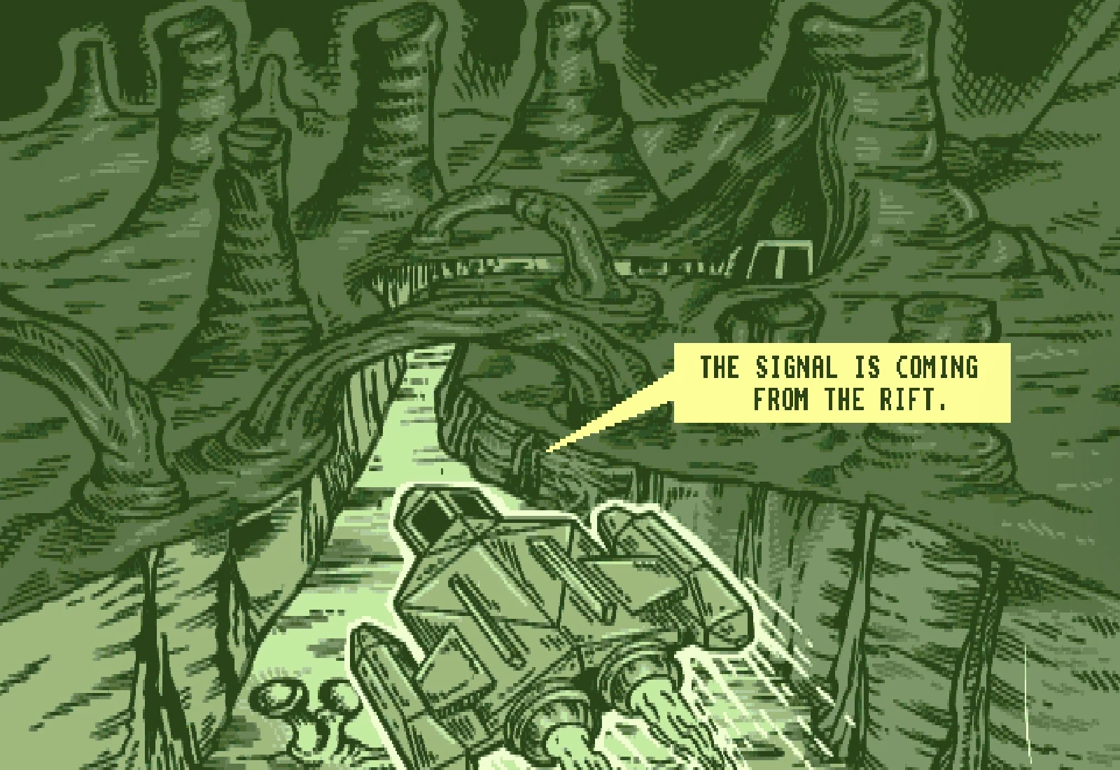Panel 10, in dark green: the ship flies down a rift between towering fungal stalks. A balloon reads 'The signal is coming from the rift.'