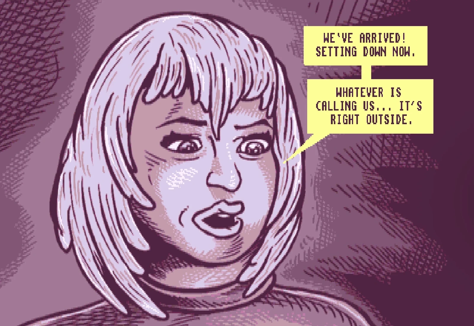Panel 11, in lilac: a wide-eyed close-up of Gabrielle at the controls, saying 'We've arrived! Setting down now.' and 'Whatever is calling us... it's right outside.'