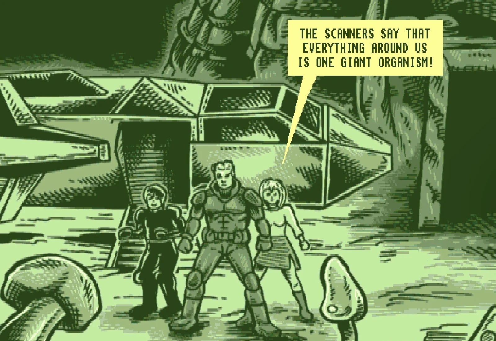 Panel 12, in pale green: the three crew members stand in front of their landed ship among giant mushrooms. 'The scanners say that everything around us is one giant organism!'