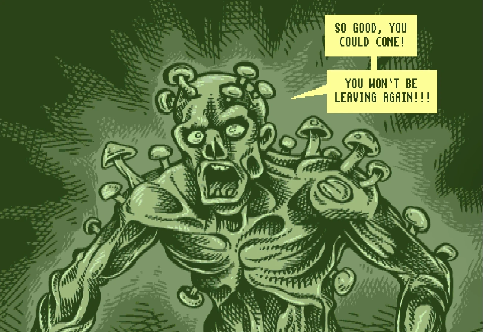 Panel 13, in green: a zombie wreathed in mushrooms reaches for the crew, saying 'So good, you could come!' and 'You won't be leaving again!!!'