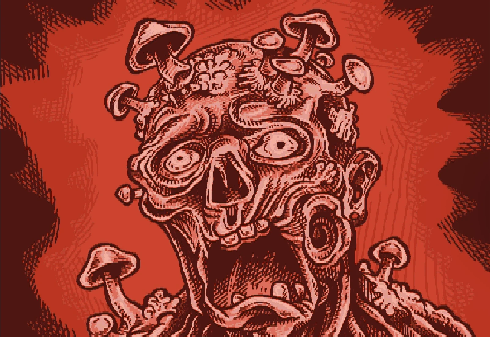 Panel 14, in red: an extreme close-up of the fungal zombie's screaming face, mushrooms sprouting from its head. No dialogue.