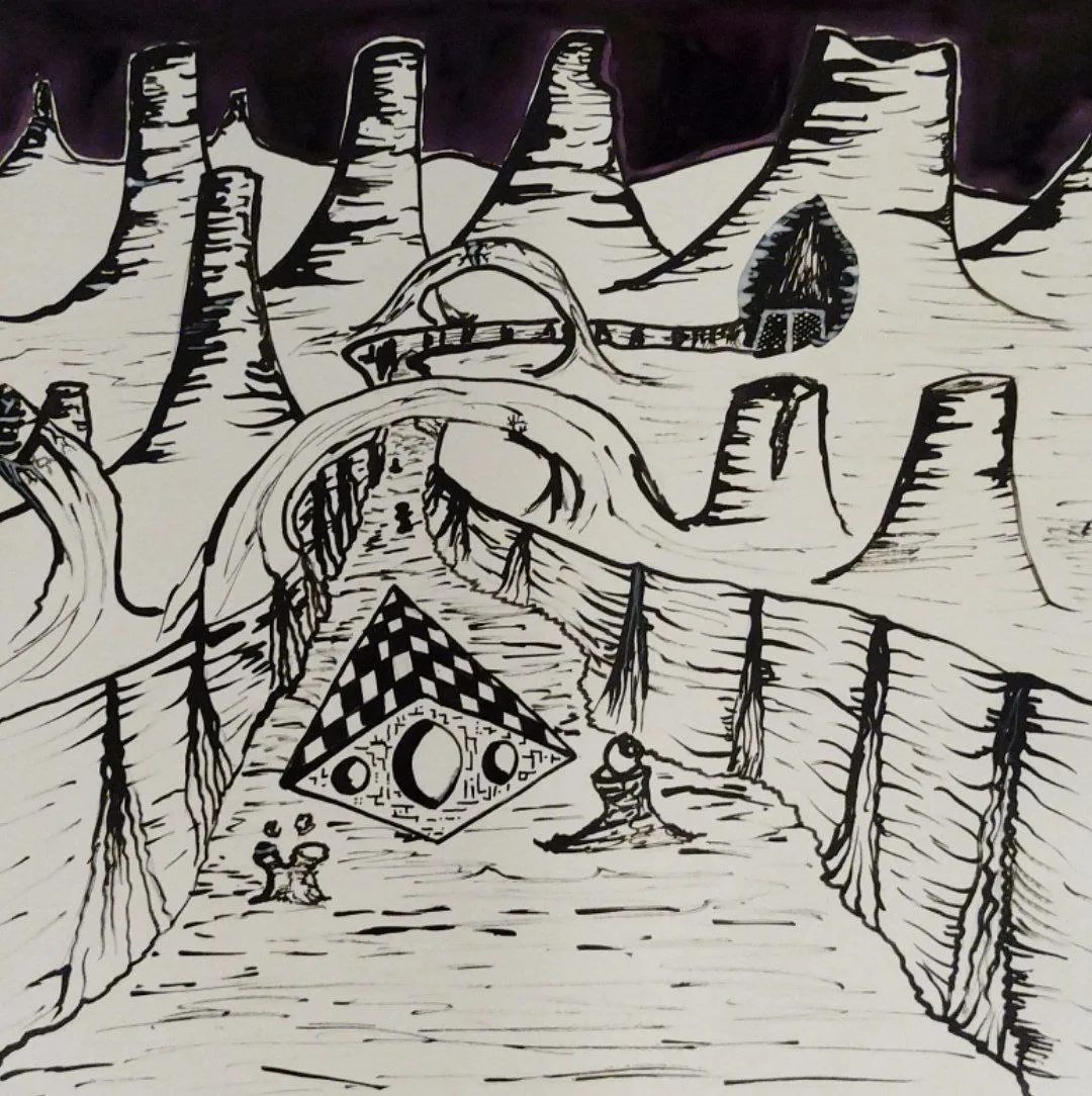 Pararaum's black-and-white pen drawing: towering smooth fungal spires under a dark sky, with winding paths and bridges between them.
