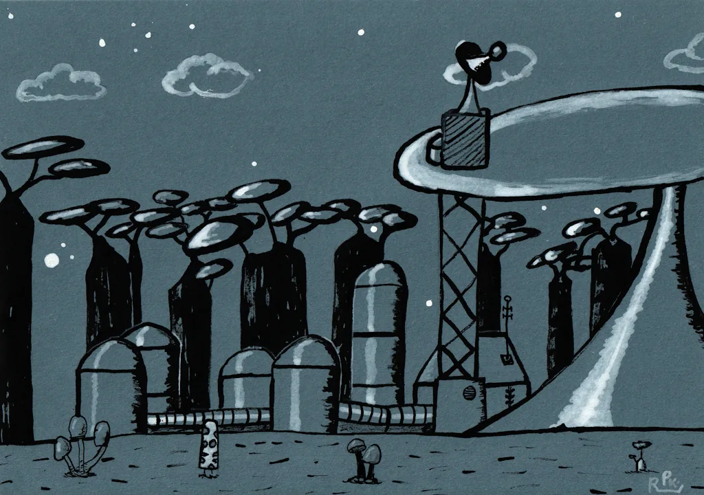 Pararaum's ink-and-wash painting in blue-grey: an alien night landscape of giant mushroom-topped stalks around an industrial station of tanks and a tall lattice tower, with small mushroom figures on the ground.