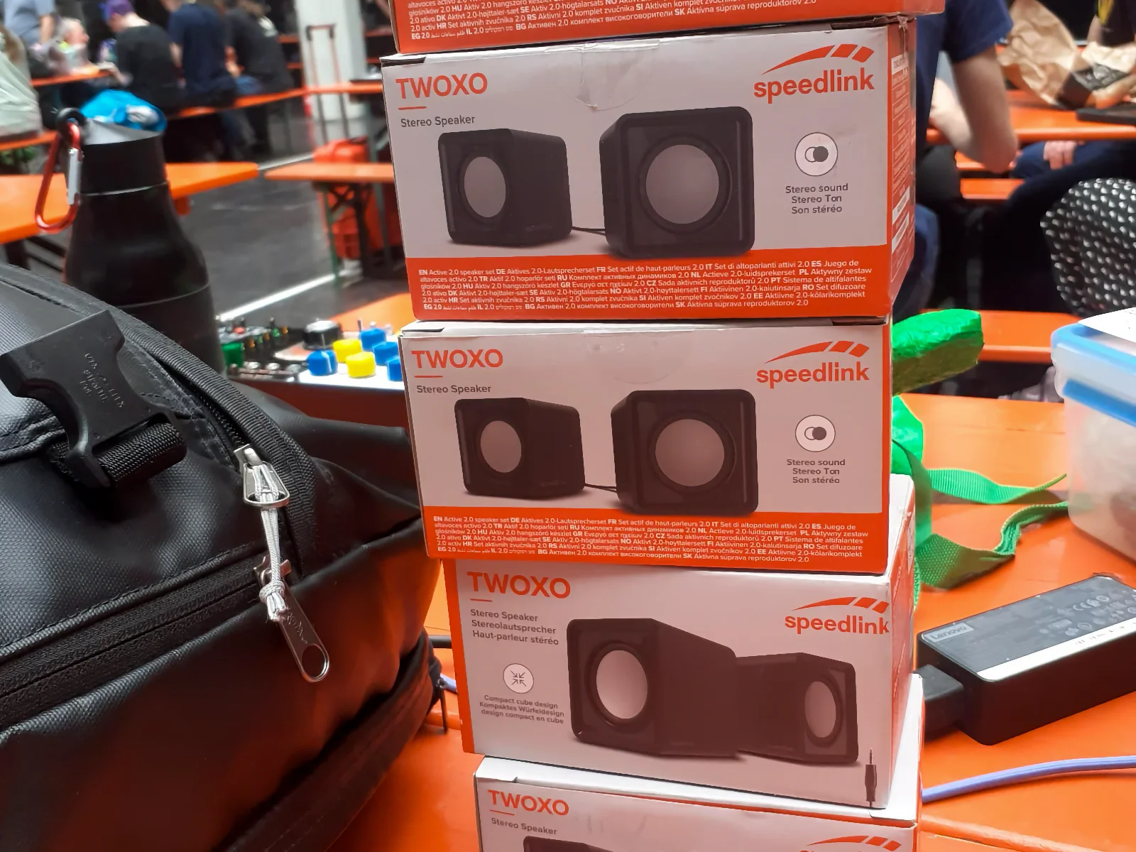 Stack of TWOXO Speedlink budget speaker boxes