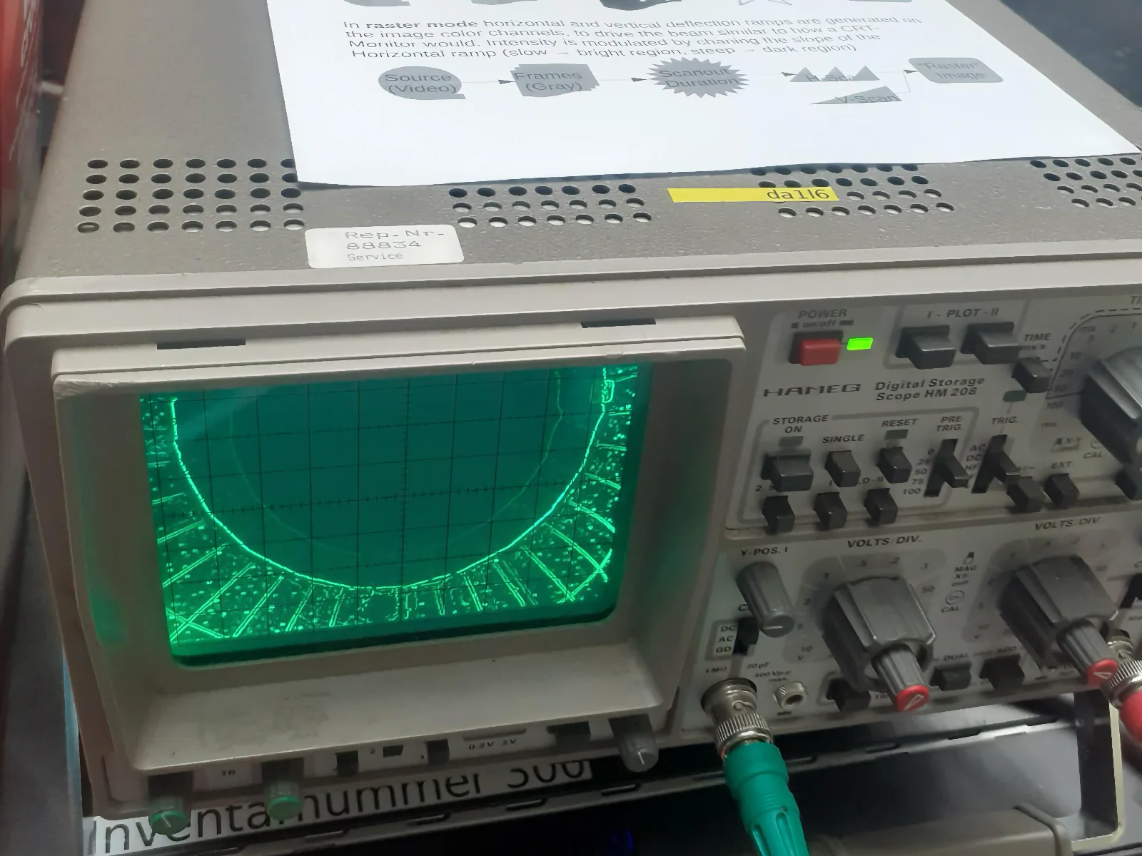 Hameg oscilloscope displaying green waveform patterns
