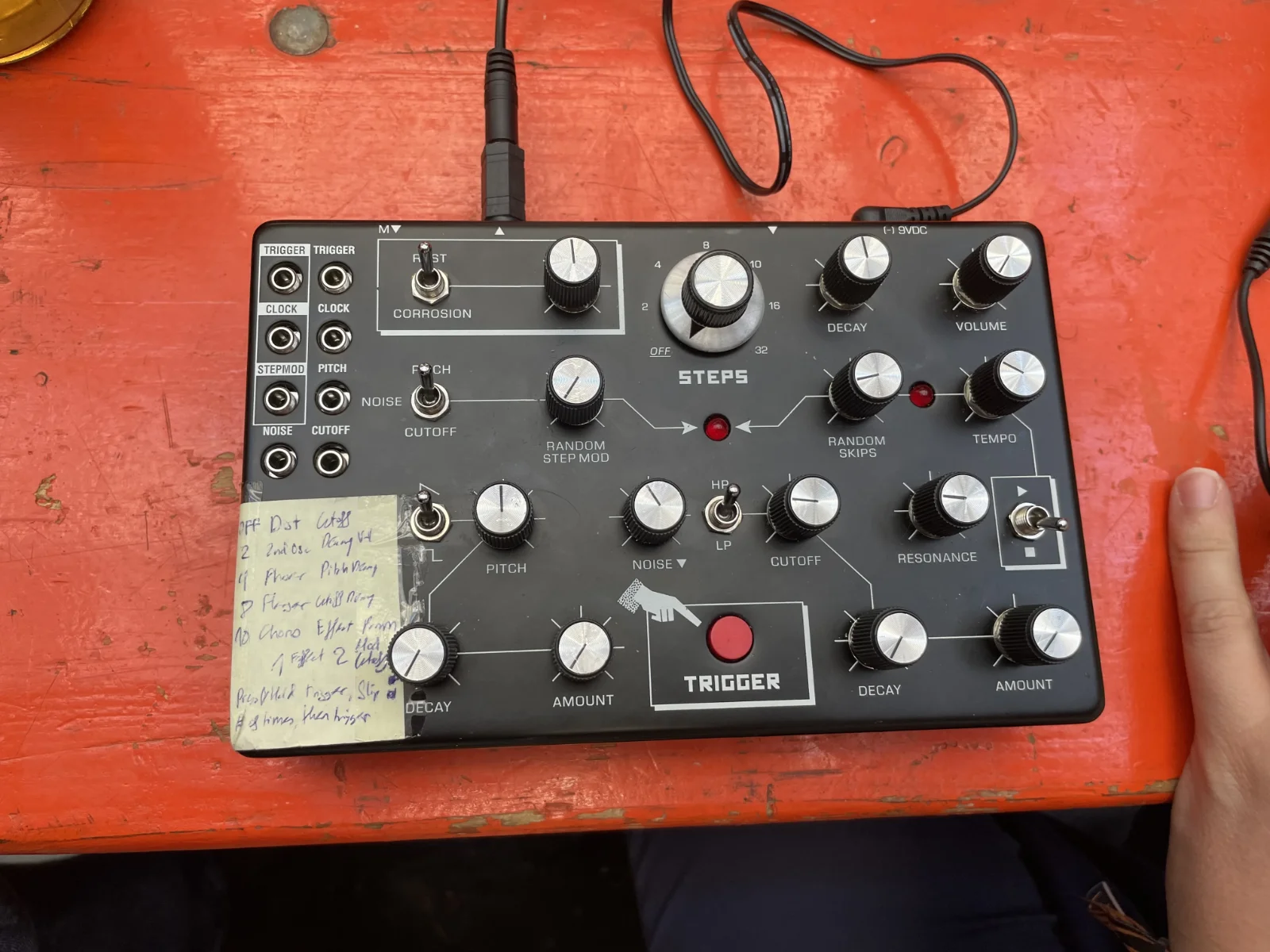 Metal Fetishist by Body Synths digital noise and drone generator with a masking-tape cheat sheet.