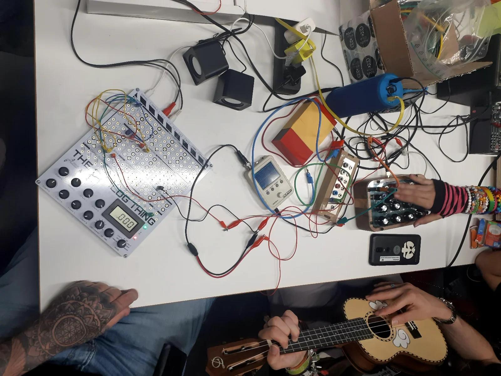 The ukulele connected to the Analog Thing and the Benjolin